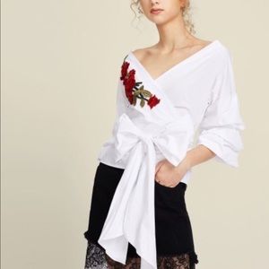 3D Flower Patch Ruched Sleeve Wrap Top